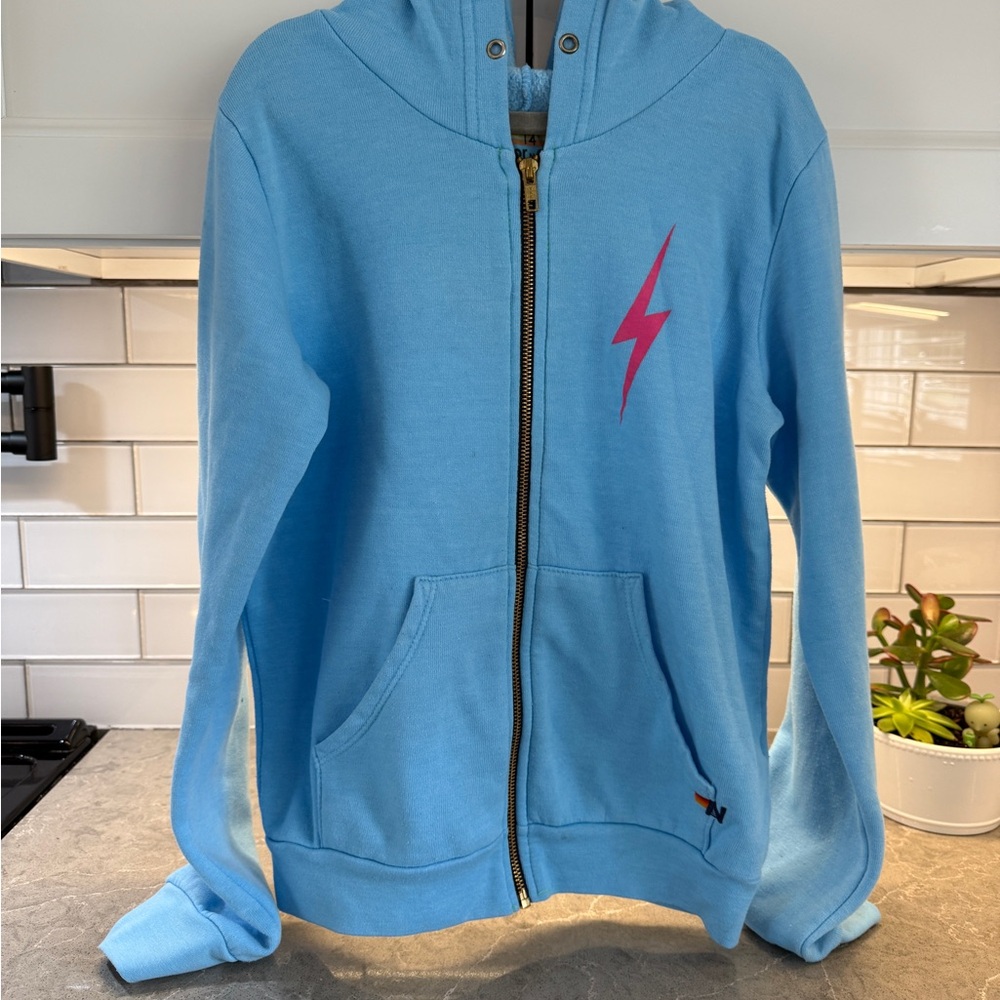 Aviator Nation Light Blue Kids Jacket with Pink Lightning Bolt